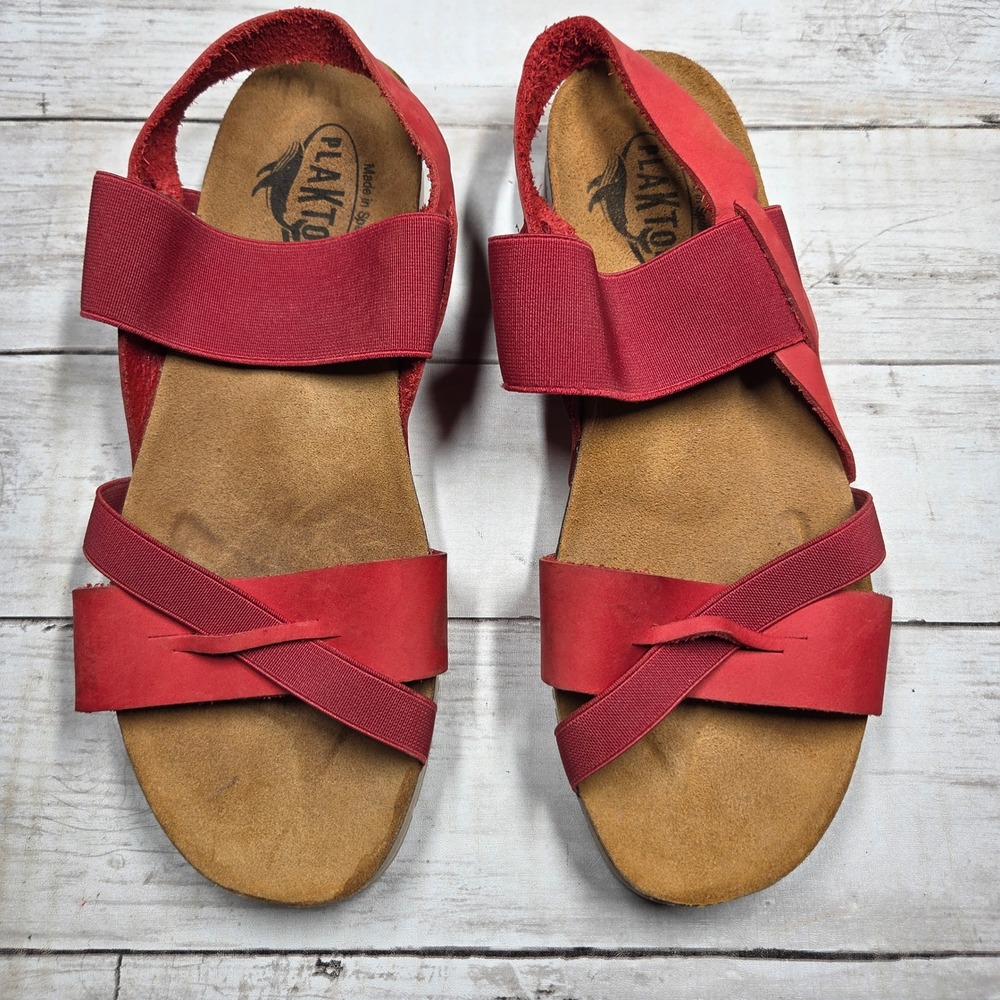 Plakton Gel Touch Slingback Sandals Women 39 Red Leather Elastic‎ Spain S25